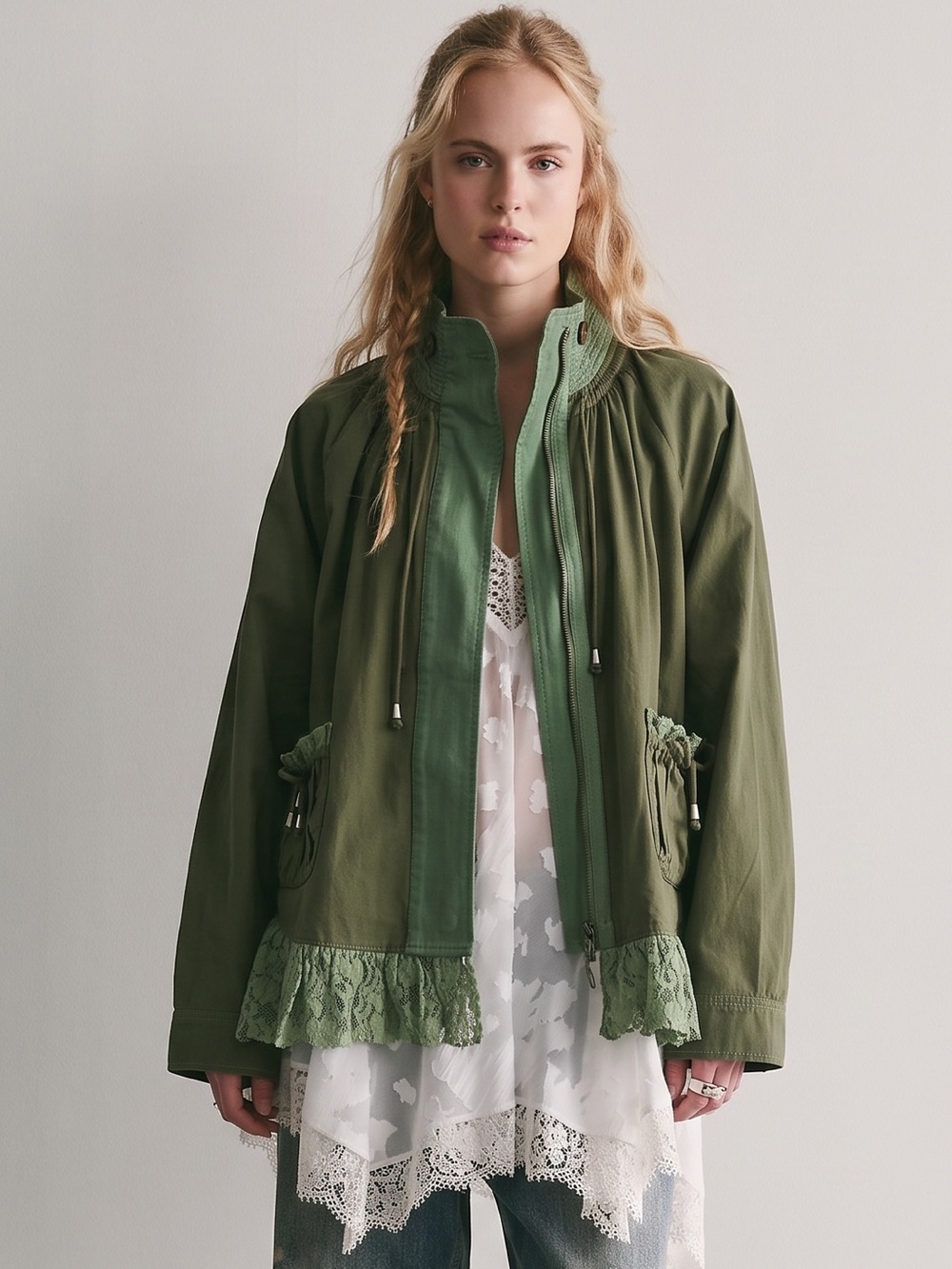 Free People Bohemian Lace Ruffle Outset Funnel Neck Swing Jacket Green Medium
